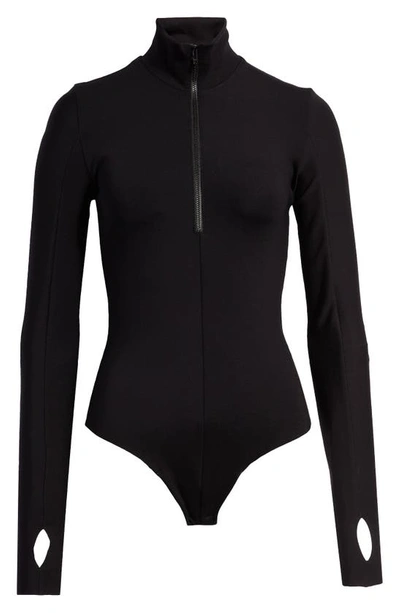 Commando Zip Long Sleeve Scuba Knit Thong Bodysuit In Black