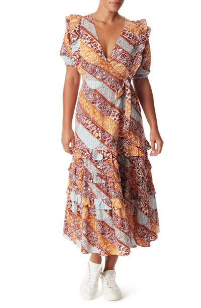 Shop Sam Edelman Ophelia Floral Ruffle Cotton Faux-wrap Dress In Fired Brick- Heritage Stripe