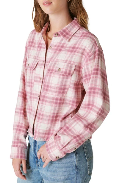 Shop Lucky Brand Buffalo Check Cotton Flannel Raw Hem Crop Shirt In Pink Blush Plaid