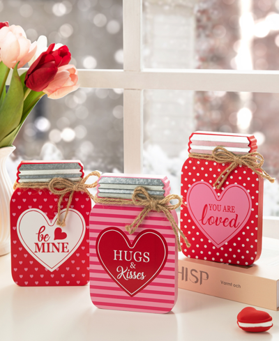 Glitzhome 7" H Valentine's Wooden Mason Jar Table Decor Set, 3 Piece In Multi