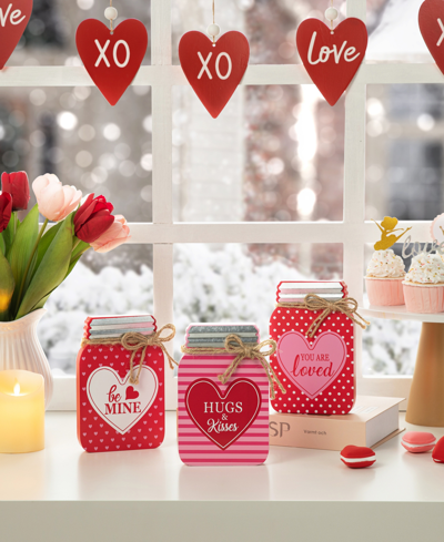 Glitzhome 7" H Valentine's Wooden Mason Jar Table Decor Set, 3 Piece In Multi