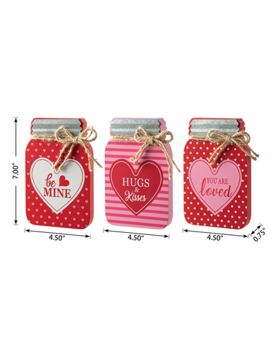 Glitzhome 7" H Valentine's Wooden Mason Jar Table Decor Set, 3 Piece In Multi