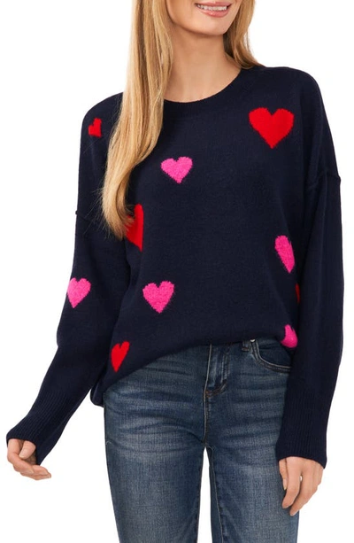 Cece Women's Short-sleeve All Over Heart Sweater In Classic Navy