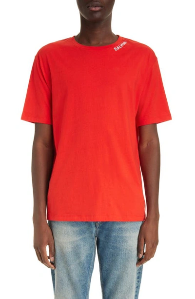 Shop Balmain Logo Embroidered Organic Cotton T-shirt In Mef Red/ White