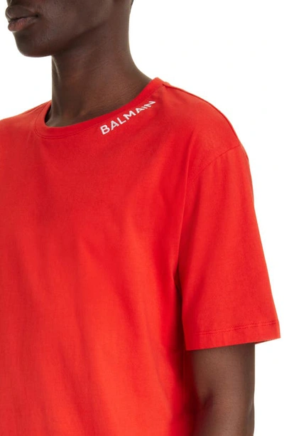 Shop Balmain Logo Embroidered Organic Cotton T-shirt In Mef Red/ White