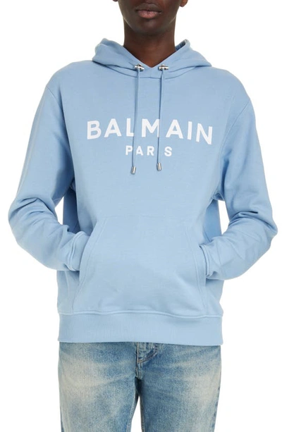 Shop Balmain Organic Cotton Logo Graphic Hoodie In Slj Pale Blue/ White