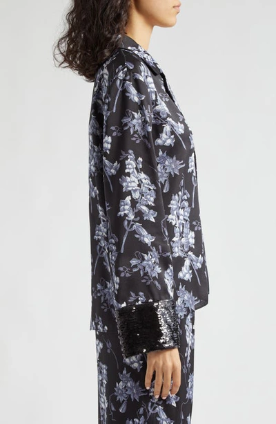Shop Cinq À Sept Phoebe Coastal Floral Sequin Cuff Woven Shirt In Black Multi