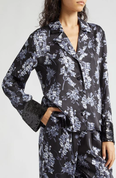 Shop Cinq À Sept Phoebe Coastal Floral Sequin Cuff Woven Shirt In Black Multi