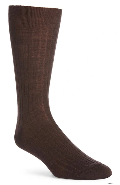 Shop Canali Ribbed Wool Blend Dress Socks In Brown