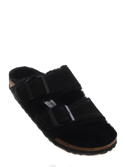 Birkenstock Arizona Shearling Slides With Large Buckle In Black