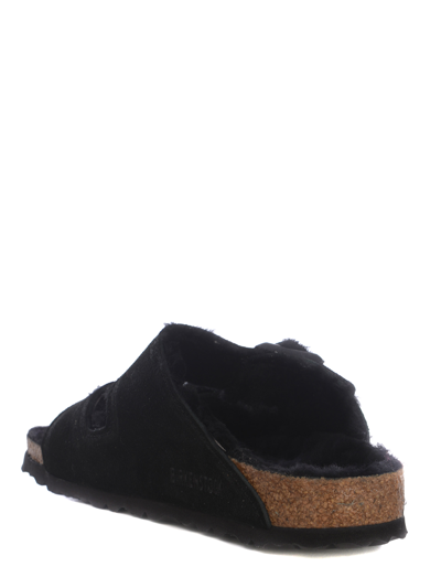 Birkenstock Arizona Shearling Slides With Large Buckle In Black