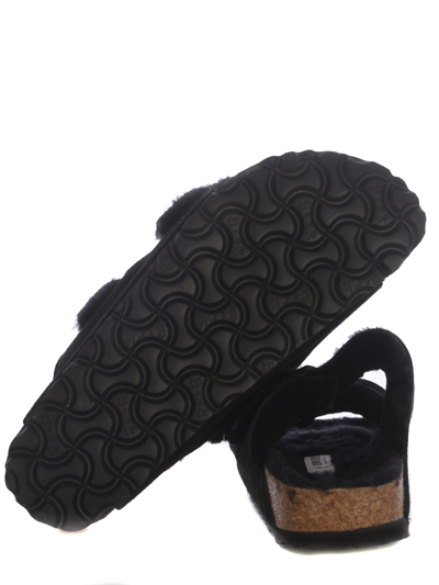Birkenstock Arizona Shearling Slides With Large Buckle In Black