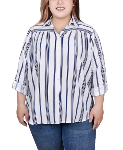 Ny Collection Plus Size Long Roll Tab Sleeve Blouse In White Navy Stripe