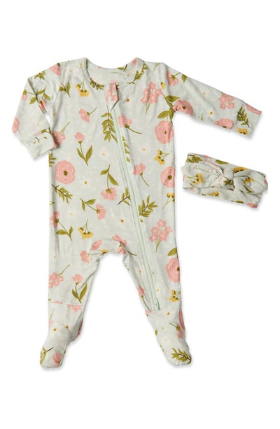 Shop Baby Grey By Everly Grey Print Jersey Footie & Headband In Carnation