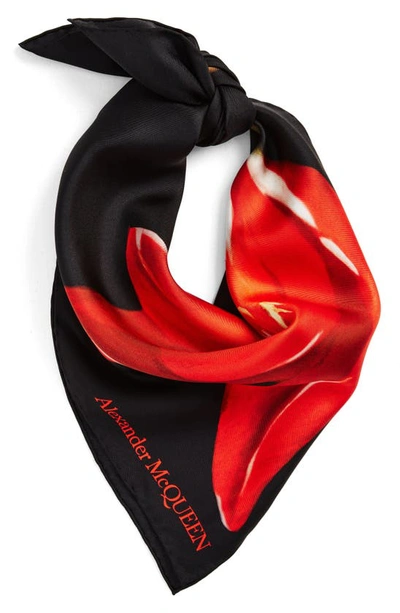 Shop Alexander Mcqueen Tulip Print Silk Square Scarf In Black/ Red