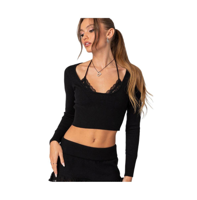 Shop Edikted Women's Lace Bra Detail Knit Top In Black