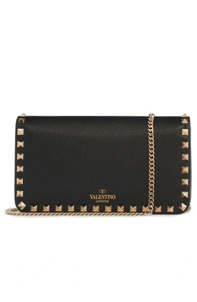 Shop Valentino Rockstud Leather Wallet On A Chain In 0no Nero