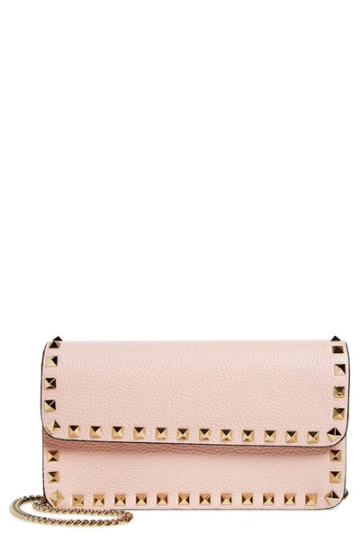 Shop Valentino Rockstud Leather Wallet On A Chain In 16q Rose Quartz