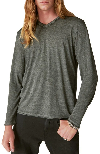 Shop Lucky Brand Venice Burnout V-neck Long Sleeve Cotton Blend T-shirt In Jet Black
