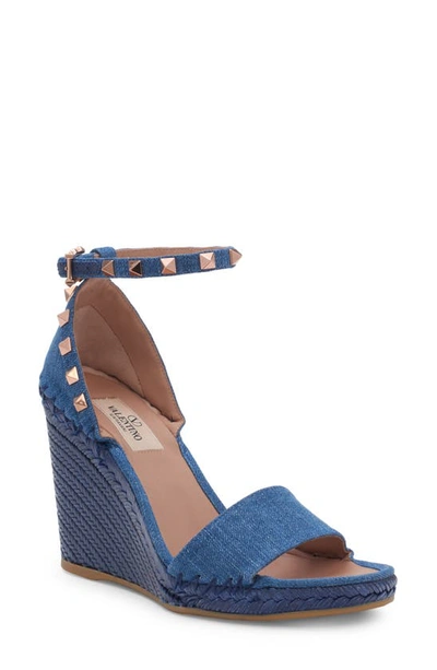 Shop Valentino Rockstud Denim Espadrille Wedge Sandal In Denim/ Rose Cannelle
