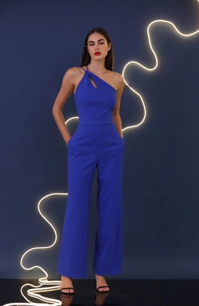 Shop Donna Morgan For Maggy Twisted One-shoulder Jumpsuit In Mazarine Blue