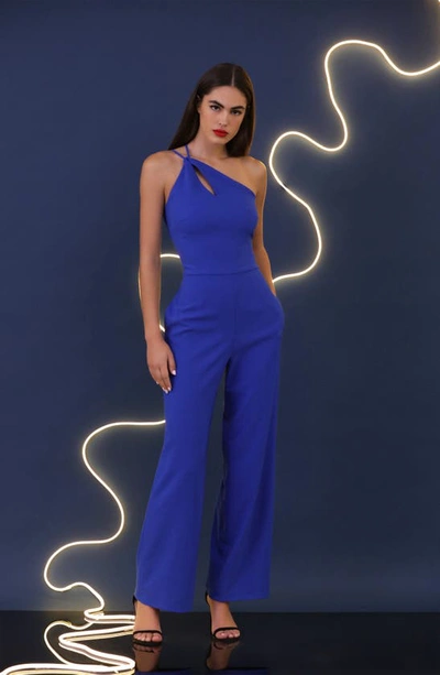 Shop Donna Morgan For Maggy Twisted One-shoulder Jumpsuit In Mazarine Blue