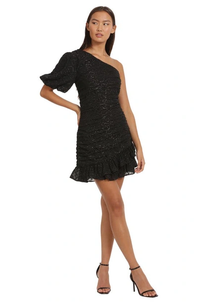 Shop Donna Morgan For Maggy Sparkle One-shoulder Ruffle Hem Dress In Black