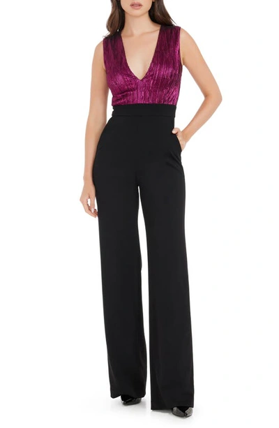 Shop Dress The Population Everette Metallic Bodice Mixed Media Jumpsuit In Black-fuchsia