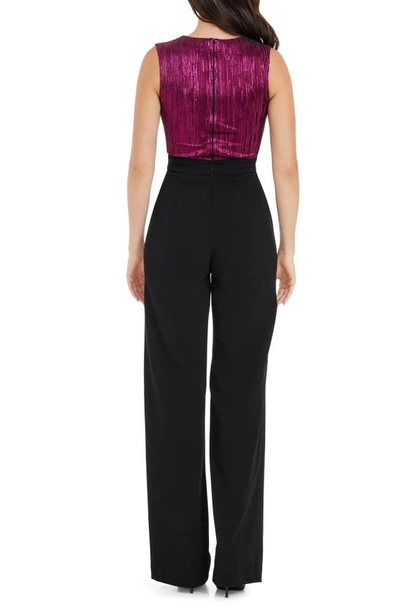 Dress The Population Everette Metallic Bodice Mixed Media Jumpsuit In Black-fuchsia