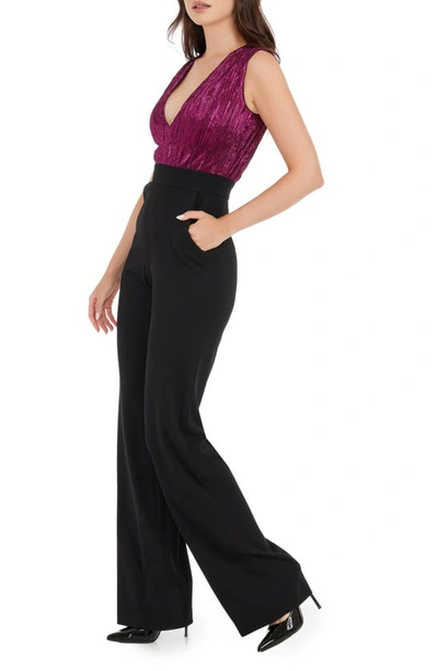 Dress The Population Everette Metallic Bodice Mixed Media Jumpsuit In Black-fuchsia