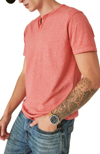 Shop Lucky Brand Venice Button Neck Cotton Blend T-shirt In Aurora Red