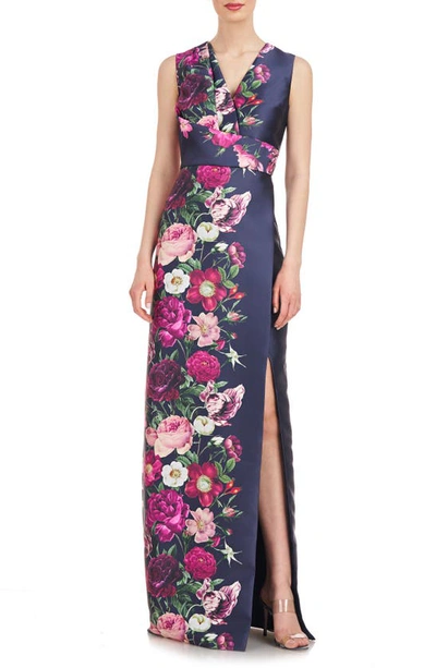 Shop Kay Unger Coraline Floral Faux Wrap Sheath Gown In Dark Midnight