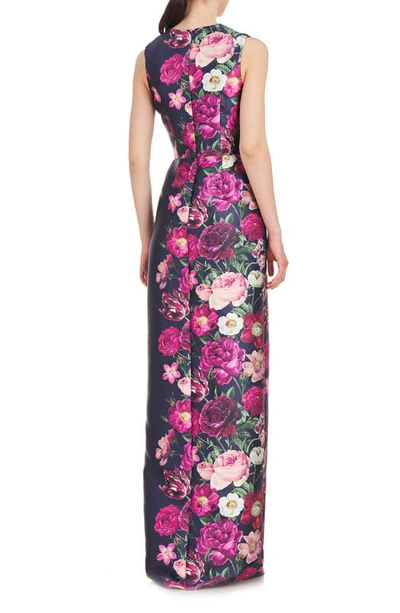 Kay Unger Coraline Floral Faux Wrap Sheath Gown In Dark Midnight
