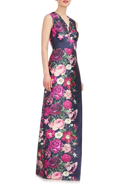 Kay Unger Coraline Floral Faux Wrap Sheath Gown In Dark Midnight