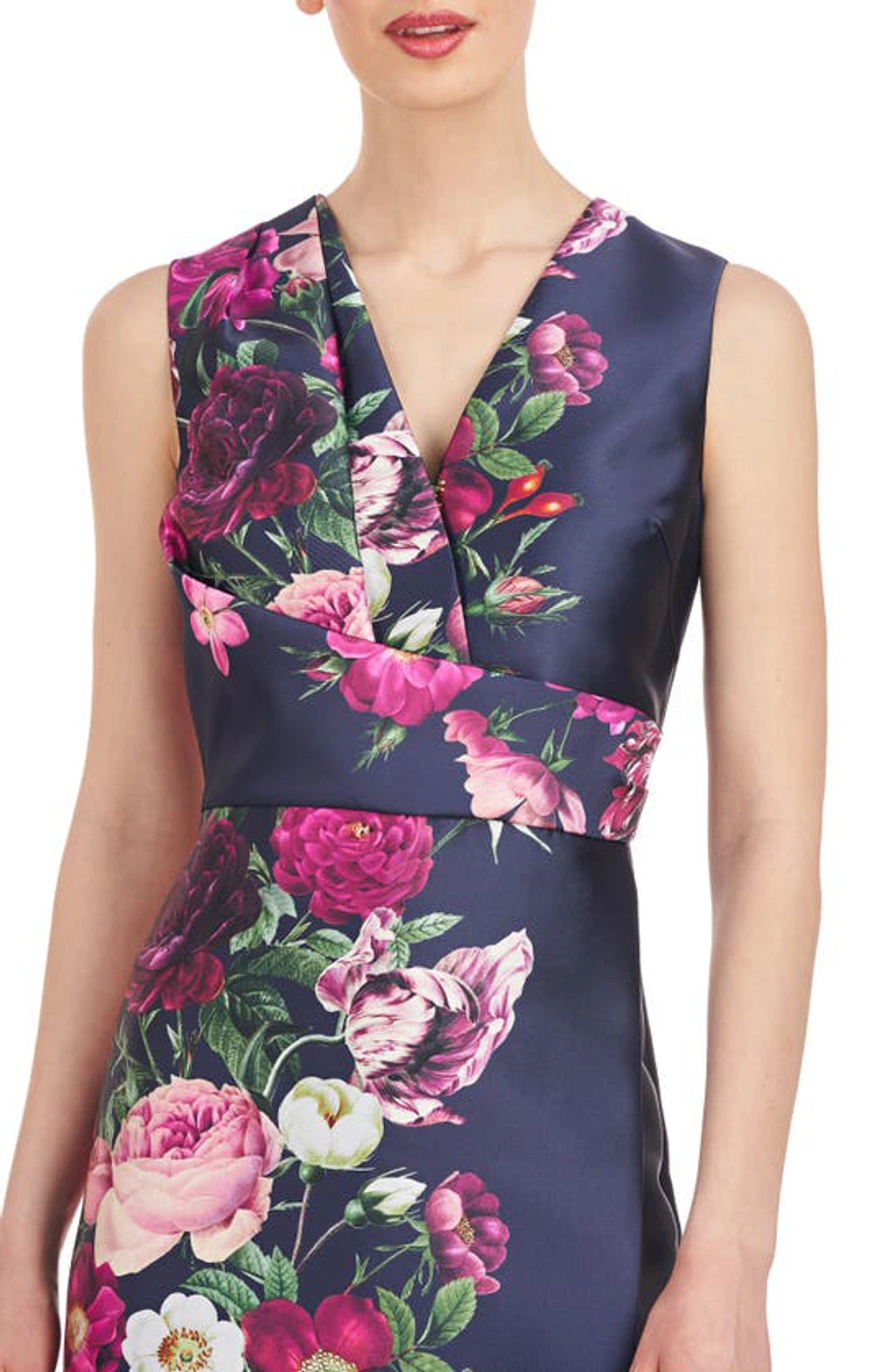 新品♡apolina ワンピース KAY DRESS 50'S FLORAL ♡ Kay Unger Coraline Floral Faux Wrap Sheath Gown In Dark