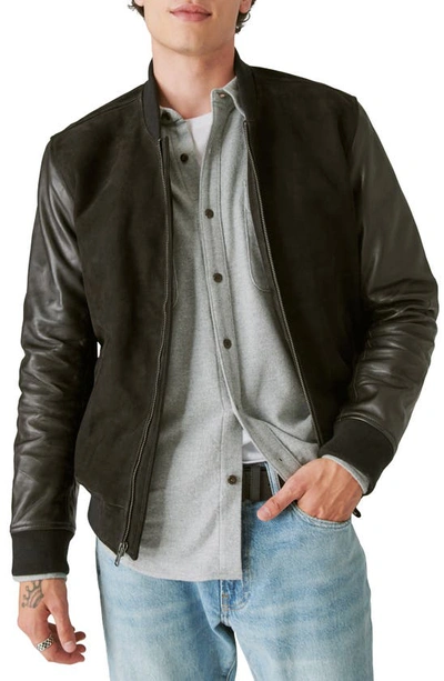Shop Lucky Brand Mixed Media Leather Bomber Jacket In Black