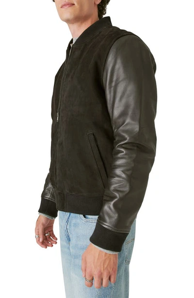 Shop Lucky Brand Mixed Media Leather Bomber Jacket In Black