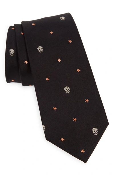 Shop Alexander Mcqueen Stars & Skulls Silk Tie In Black/ Peach