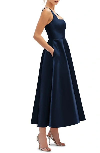 Dessy Collection Square Neck Sateen Midi Gown In Midnight