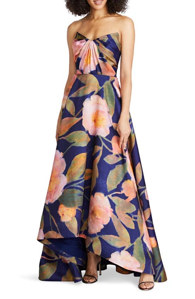 Shop Theia Emilia Floral Print Strapless Mikado Gown In Nocturnal Peonies