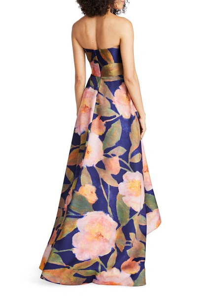 Shop Theia Emilia Floral Print Strapless Mikado Gown In Nocturnal Peonies