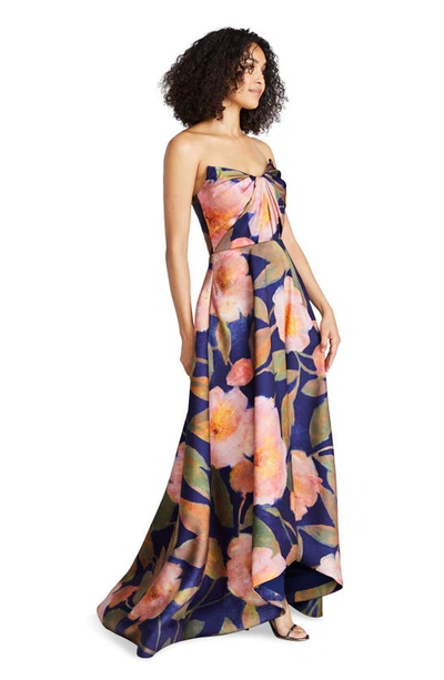 Shop Theia Emilia Floral Print Strapless Mikado Gown In Nocturnal Peonies