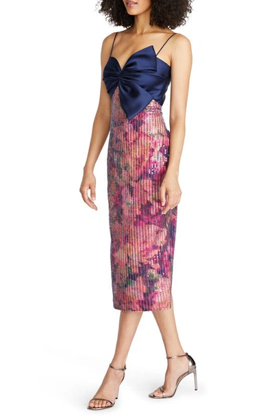 Shop Theia Rosa Sequin Floral Print Asymmetric Bow Cocktail Dress In Aurora