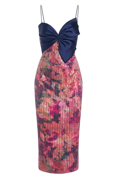 Shop Theia Rosa Sequin Floral Print Asymmetric Bow Cocktail Dress In Aurora