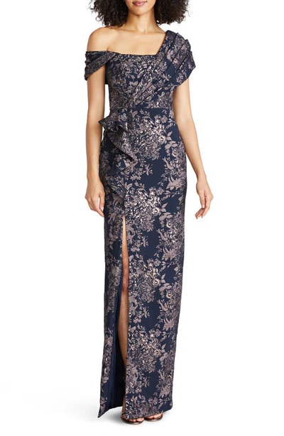 Shop Theia Amaris Floral Jacquard One-shoulder Gown In Nautical Navy / Rose Gold