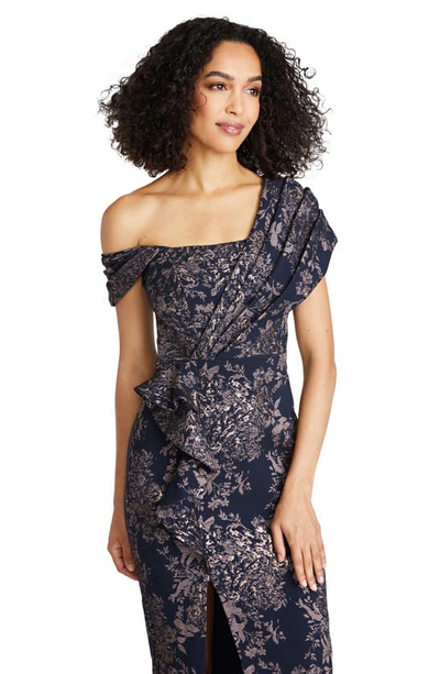 Shop Theia Amaris Floral Jacquard One-shoulder Gown In Nautical Navy / Rose Gold