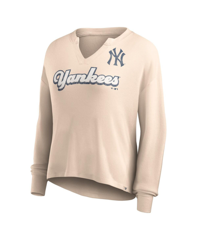 Shop Fanatics Women's  Cream Distressed New York Yankees Go For It Waffle Knit Long Sleeve Notch Neck T-sh