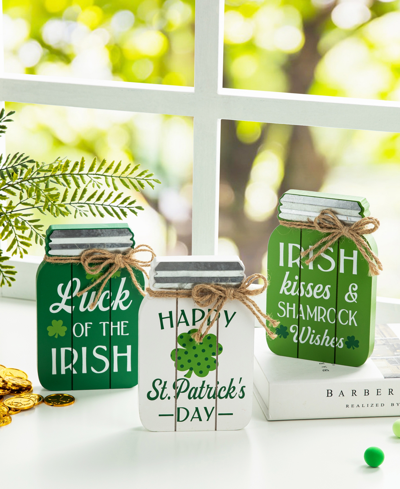 Glitzhome 7" H St. Patrick's Wooden Mason Jar Table Decor, Set Of 3 In Multi