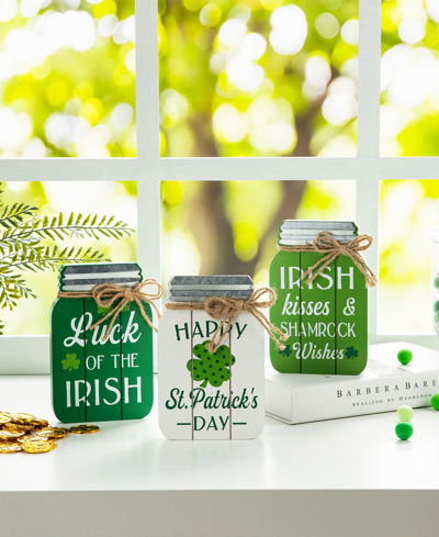 Glitzhome 7" H St. Patrick's Wooden Mason Jar Table Decor, Set Of 3 In Multi