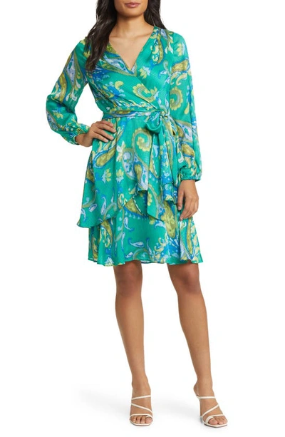 Shop Tahari Asl Floral Print Faux Wrap Dress In Basil Blue Lime